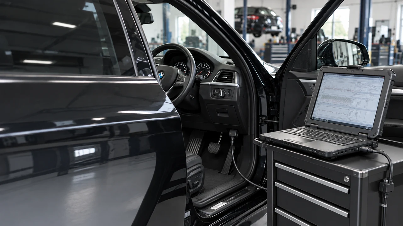 Illustratie van computerdiagnose met een laptop bij een auto