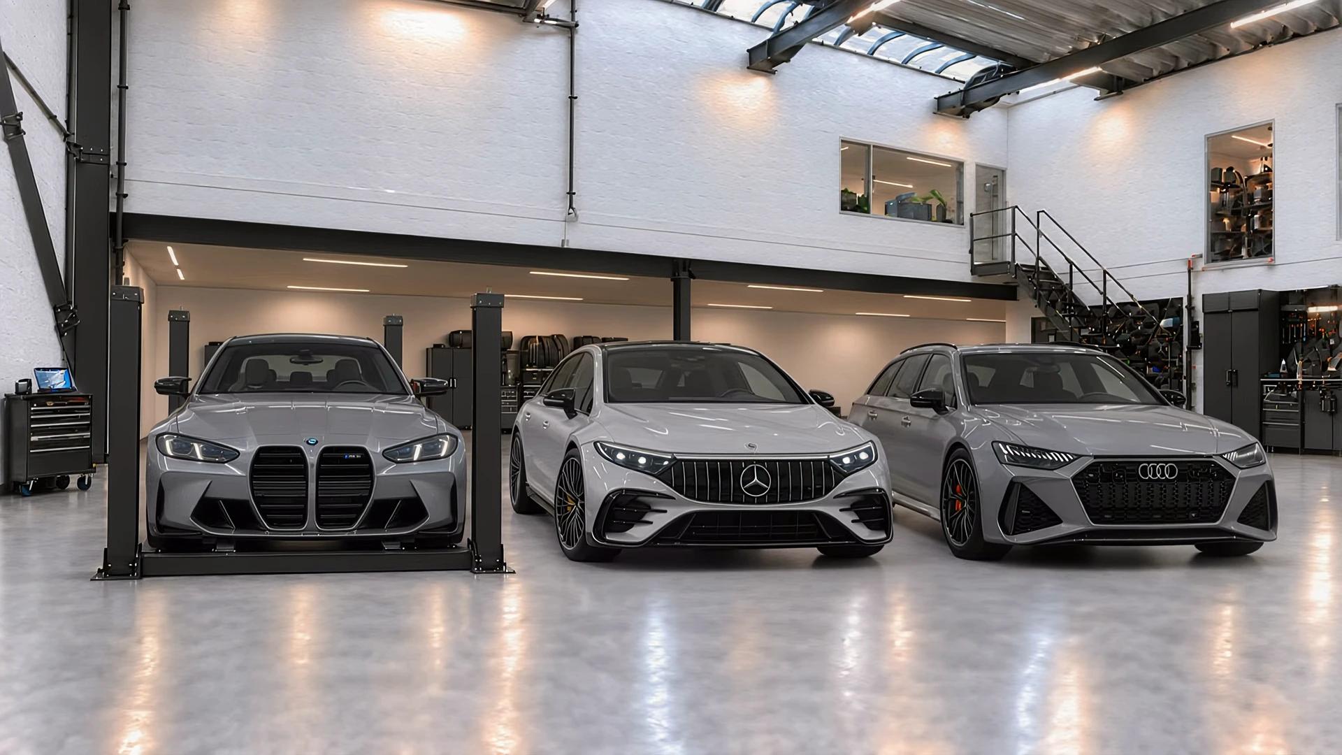 Illustratie van een verzorgde garage met BMW, Mercedes en Audi